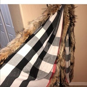 Burberry Raccoon Trim Check Wool Cashmere scarf